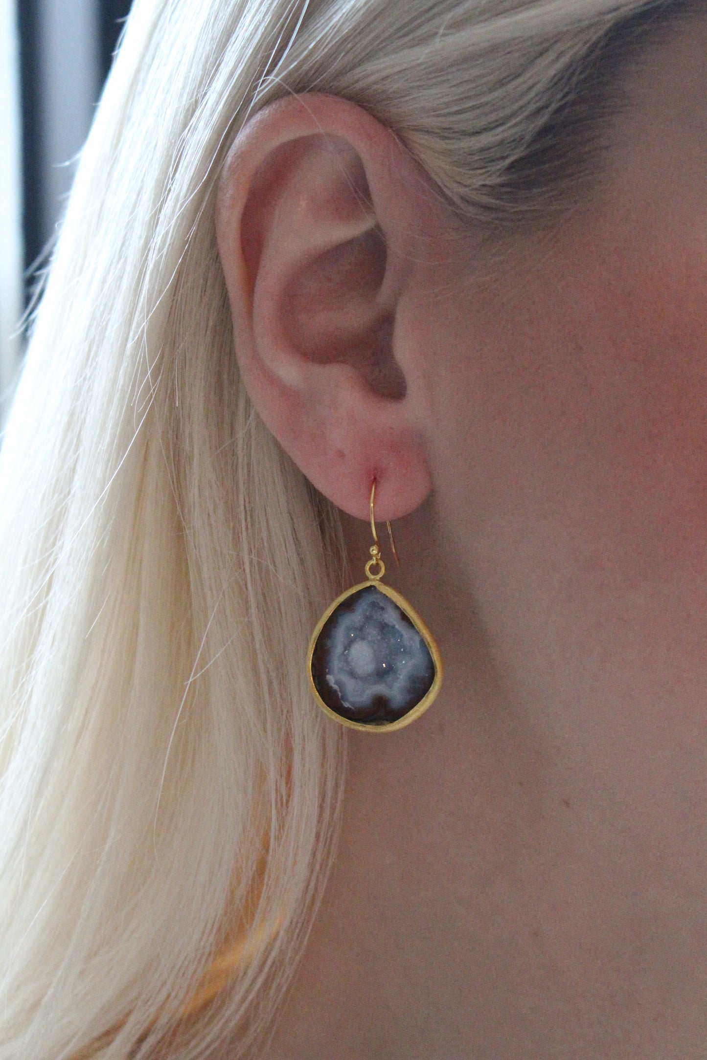 Sterling Silver and Wide Geode Dangle Earrings
