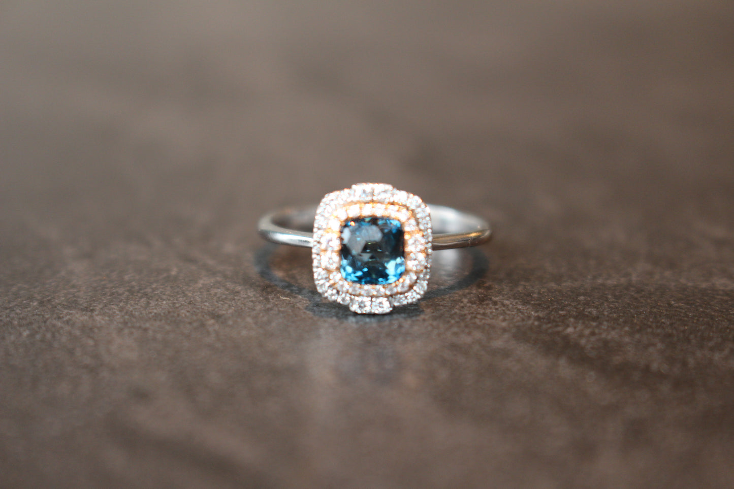 Two-Tone Double Halo Cushion Cut London Blue Topaz Fashion Ring