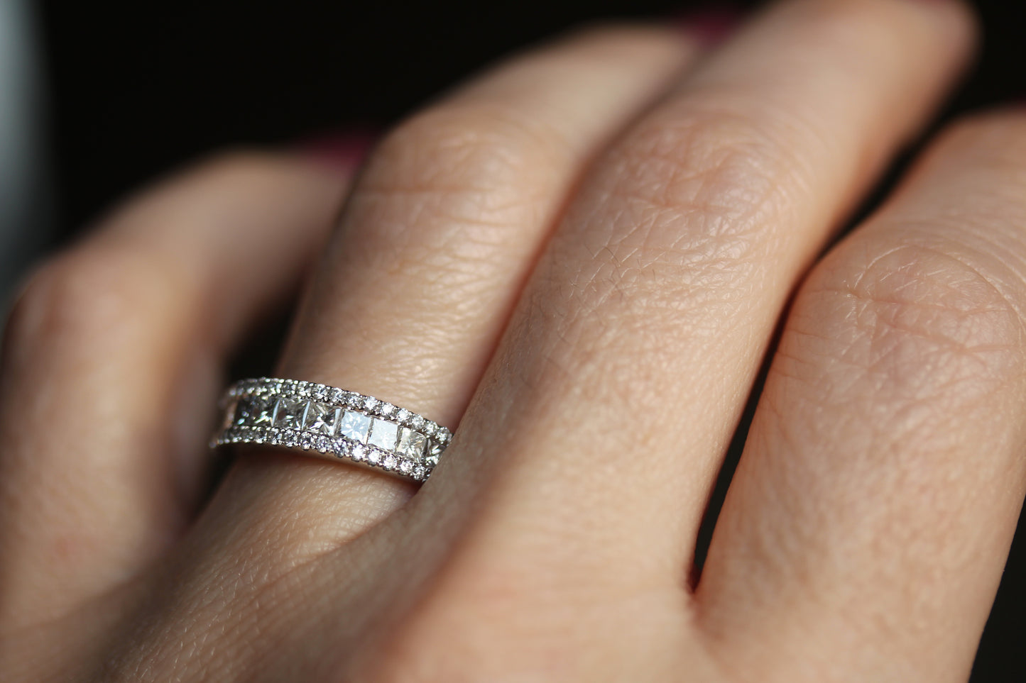 3 Row Princess Cut and Round Brilliant Cut  Diamond Wedding Band