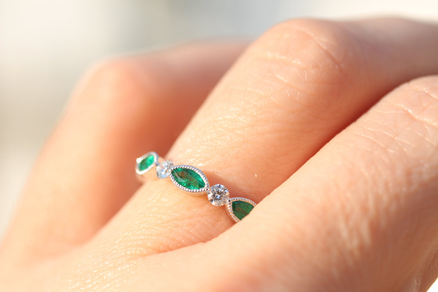 Diamondaire Marquise Cut Emerald and Round Diamond Stackable