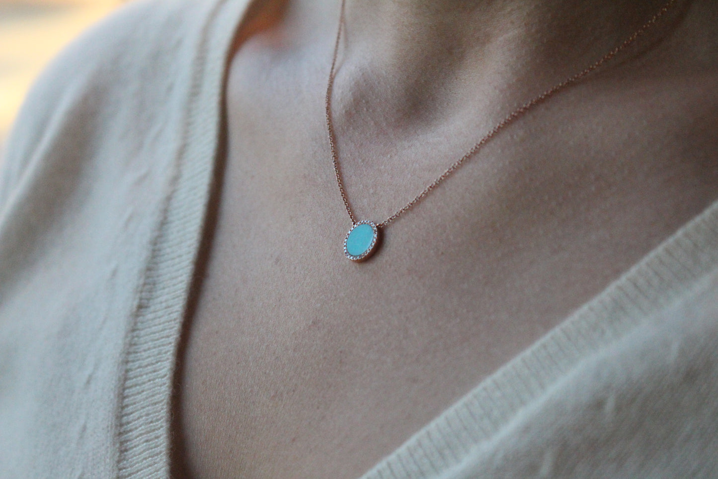 Round Turquoise and Diamond Halo Pendant