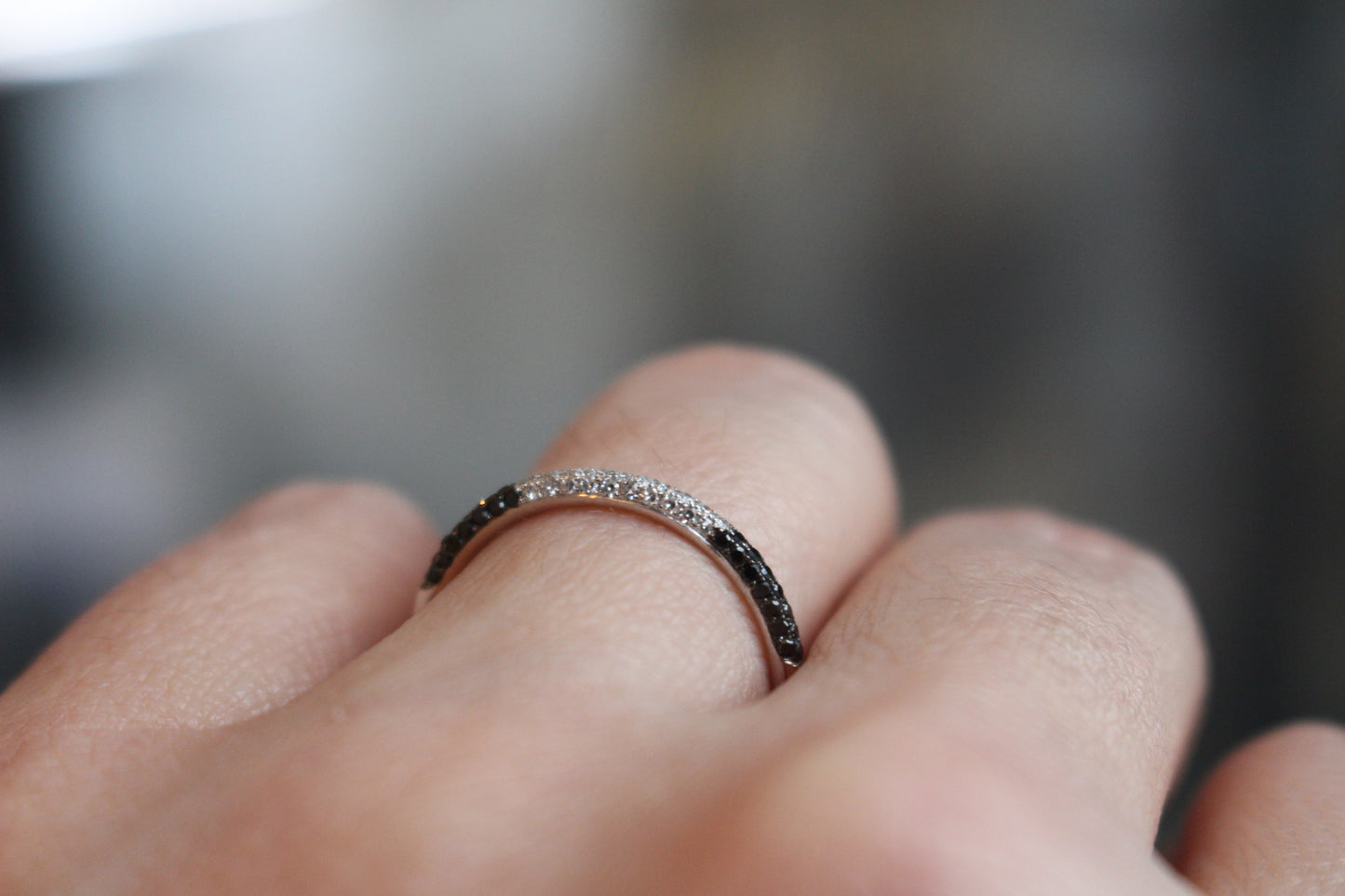 Domed Black and White Diamond Stackable in 14kt White Gold