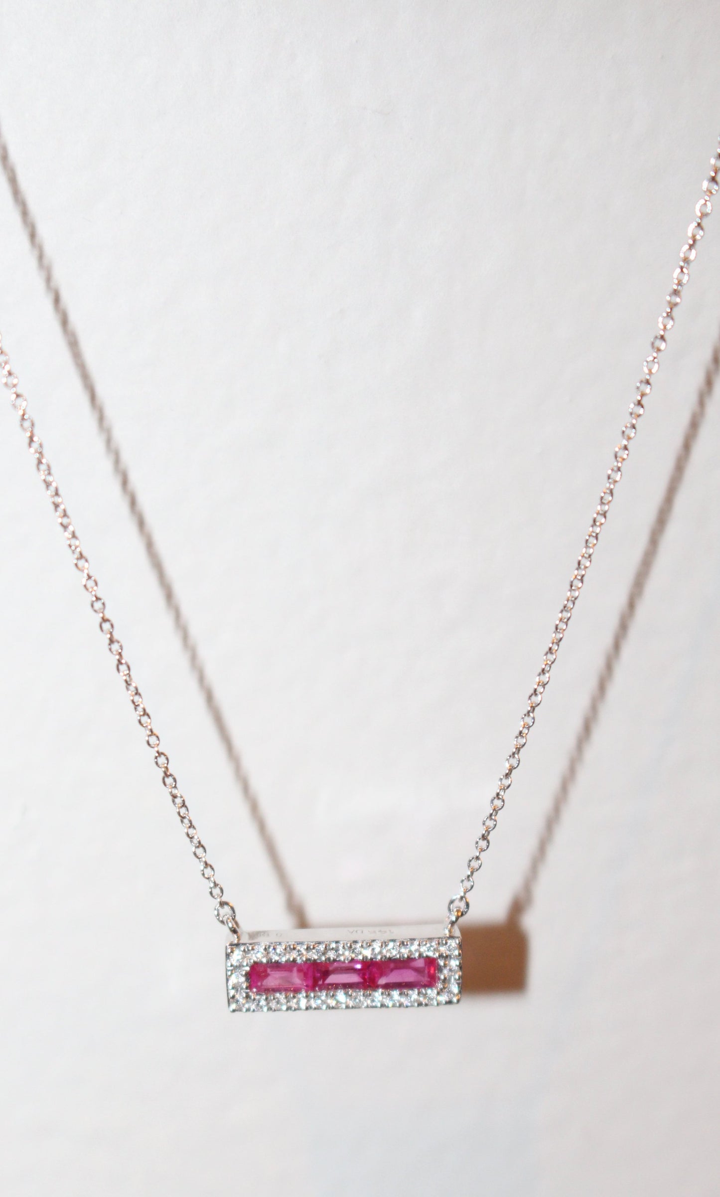 Ruby Bar Necklace with a Diamond Halo