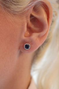 Genuine Round Blue Sapphire Earrings Surrounded by a Diamond Halo