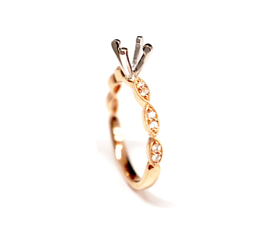 Slim Rose Gold and Diamond Scalloped Vintage Styled Engagement Ring