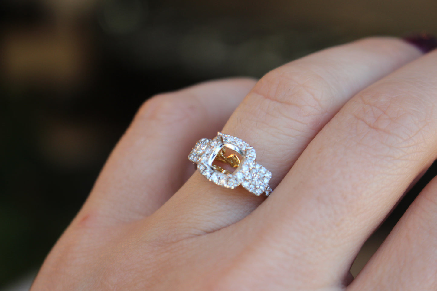 cushion cut three stone semi mount