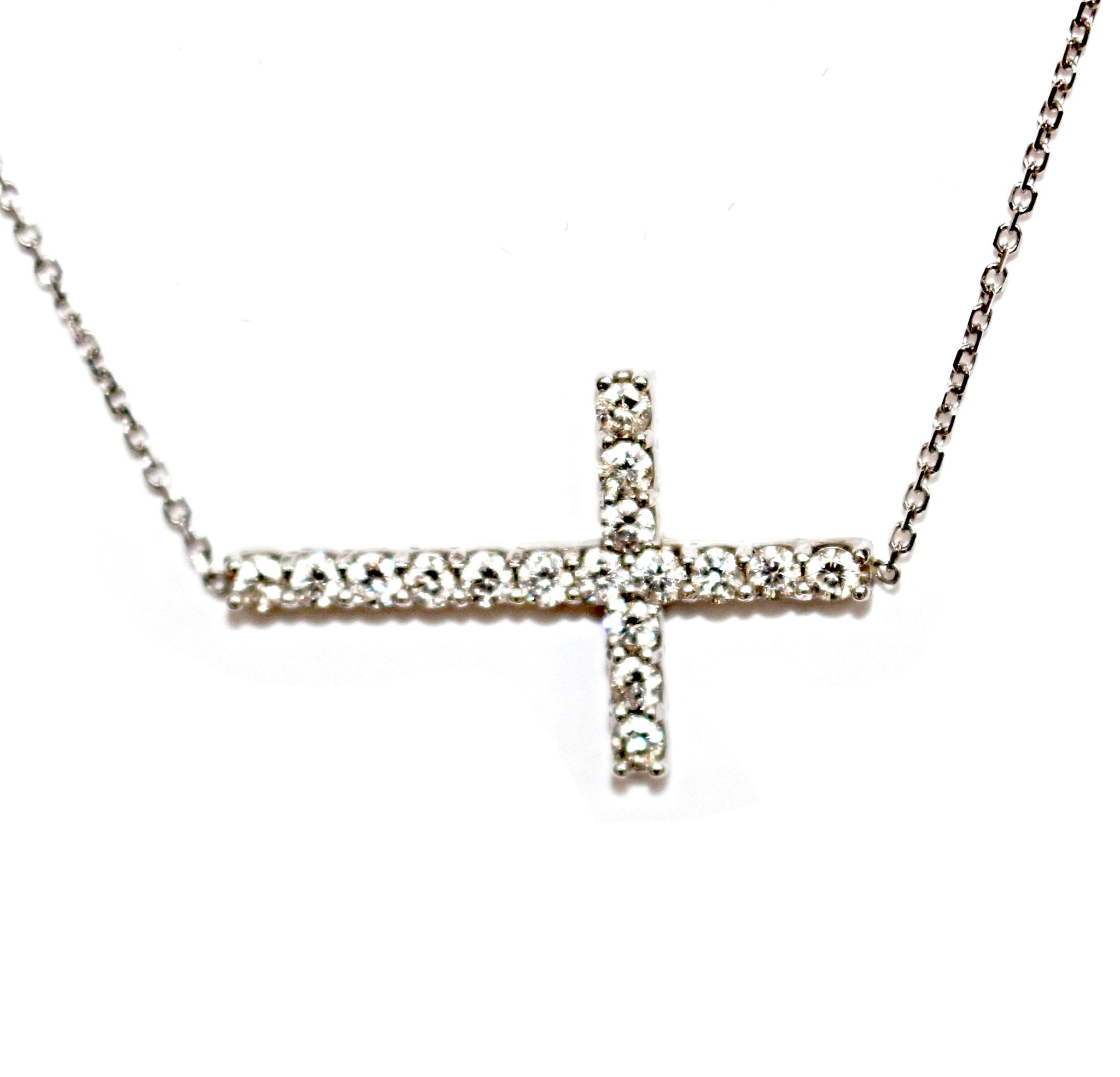 14K White Gold Sideways Diamond Curved Cross Necklace