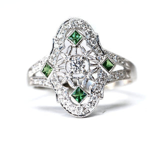 Art Deco Styled Green Emerald and Diamond Halo Ring