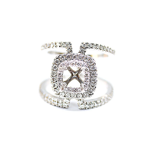 Wide 14K White Gold Double Halo Open Space Engagement Ring