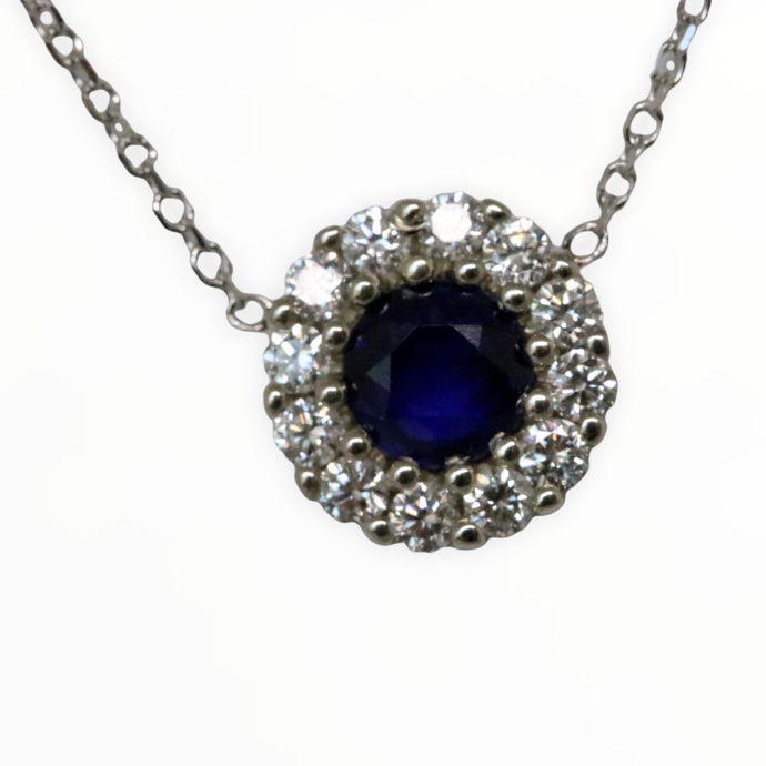 Round Blue Sapphire Diamond Halo Pendant in 14kt White Gold
