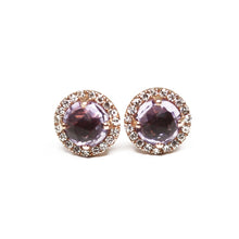 diamond and amethyst halo round earrings