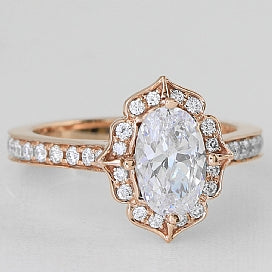 Vintage Inspired Rose Gold and Oval Diamond Halo Engagement Ring