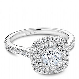 double halo white gold engagement ring with slim shank
