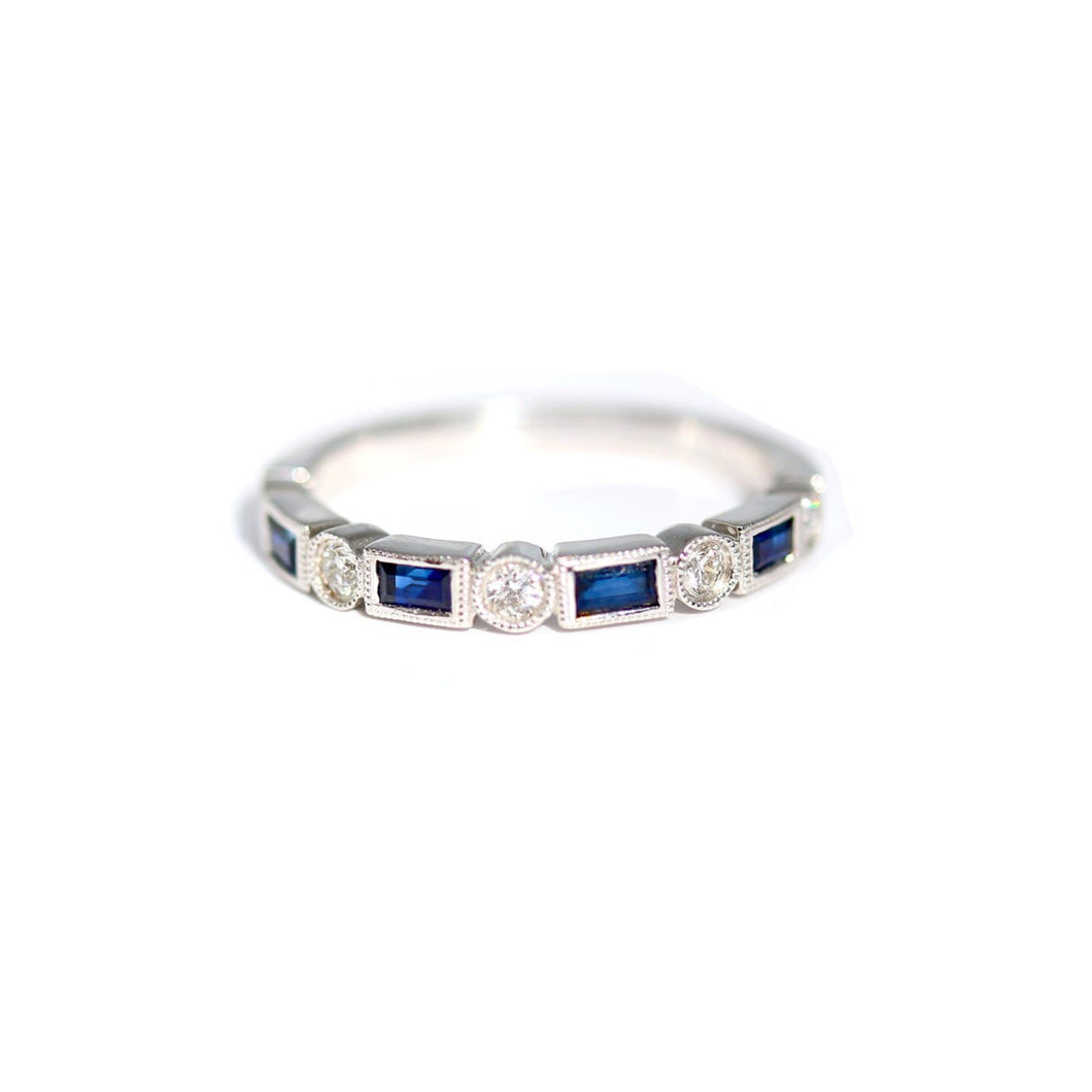 Diamondaire Vintage Styled Round Diamond and  Blue Sapphire Baguette Band