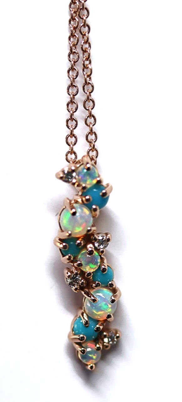 Genuine Ethiopian Opal, Diamond, and Turquoise Pendant in 14kt Rose Gold
