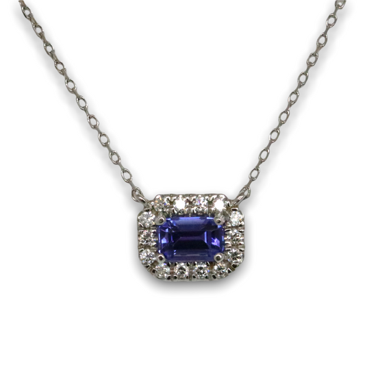 Emerald Cut Tanzanite and Diamond Halo Pendant
