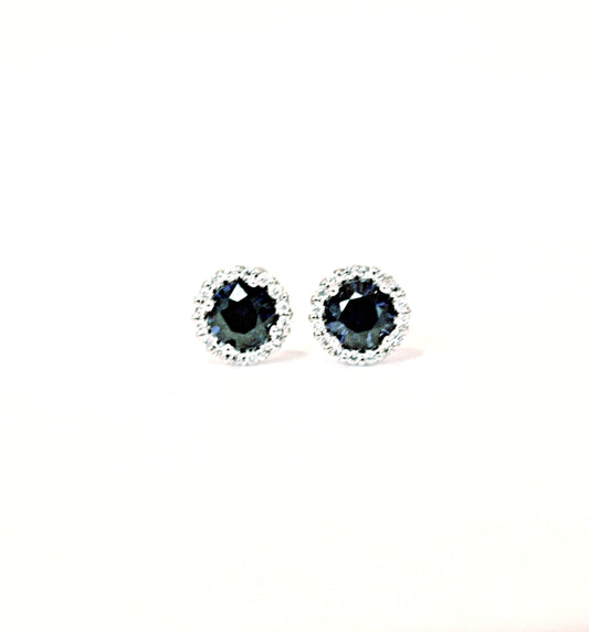 Genuine Round Blue Sapphire Earrings Surrounded by a Diamond Halo