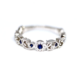 Diamondaire Round Blue Sapphire & Diamond Vine and Leaf Stackable Ring