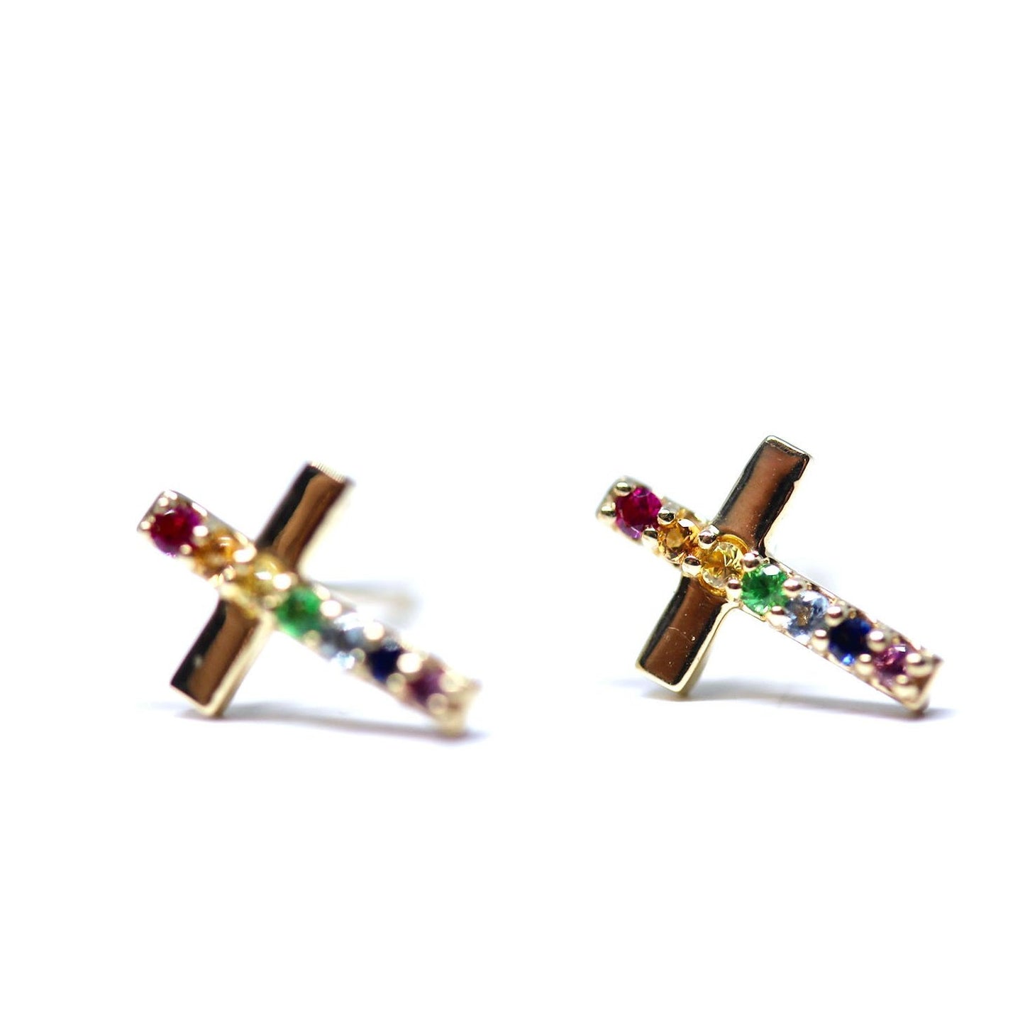 Gemstone Rainbow Cross Earrings 14kt