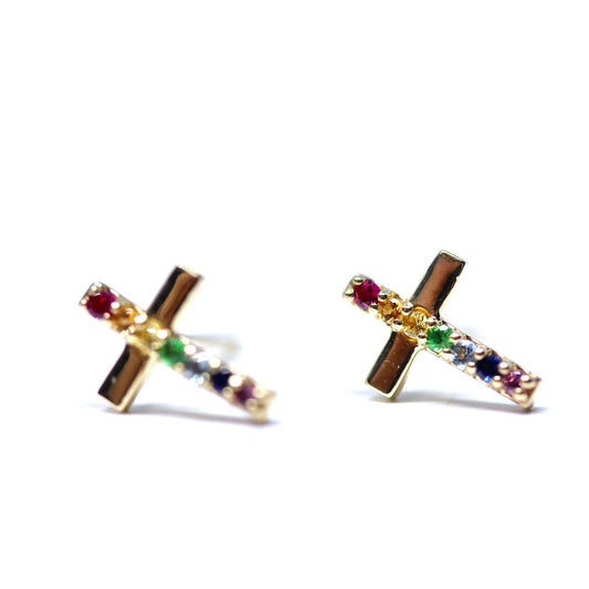 Gemstone Rainbow Cross Earrings 14kt