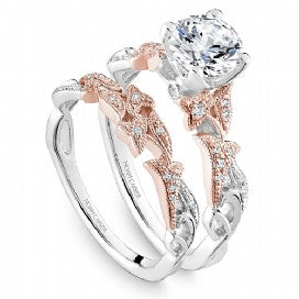 white and rose gold vintage styled leaf engagement ring