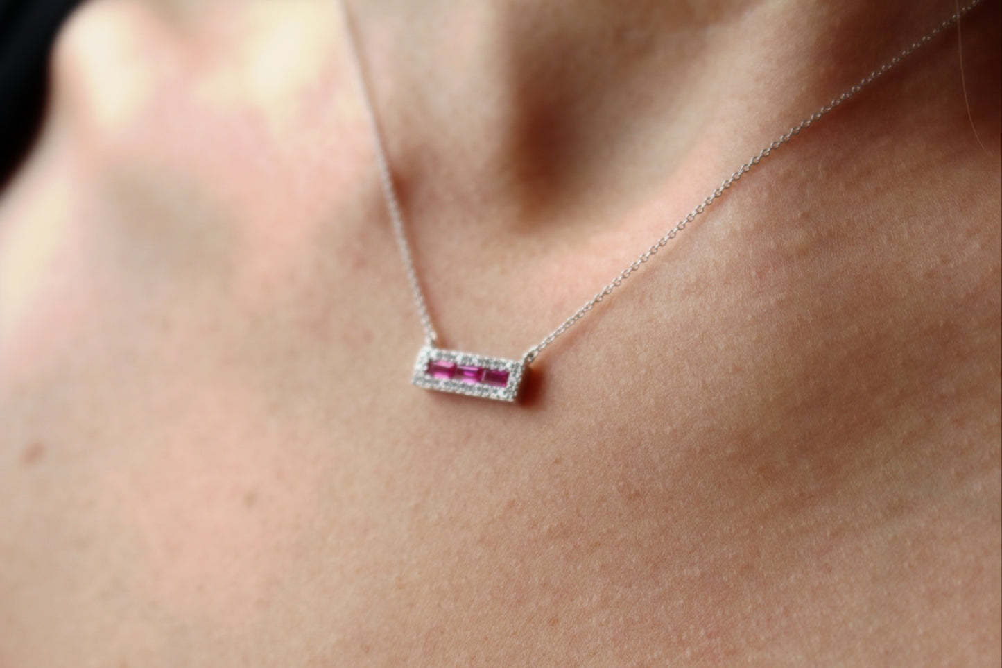 Ruby Bar Necklace with a Diamond Halo