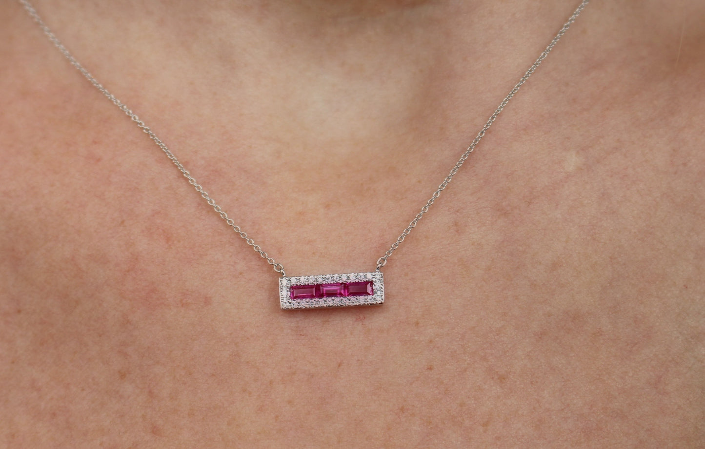 Ruby Bar Necklace with a Diamond Halo